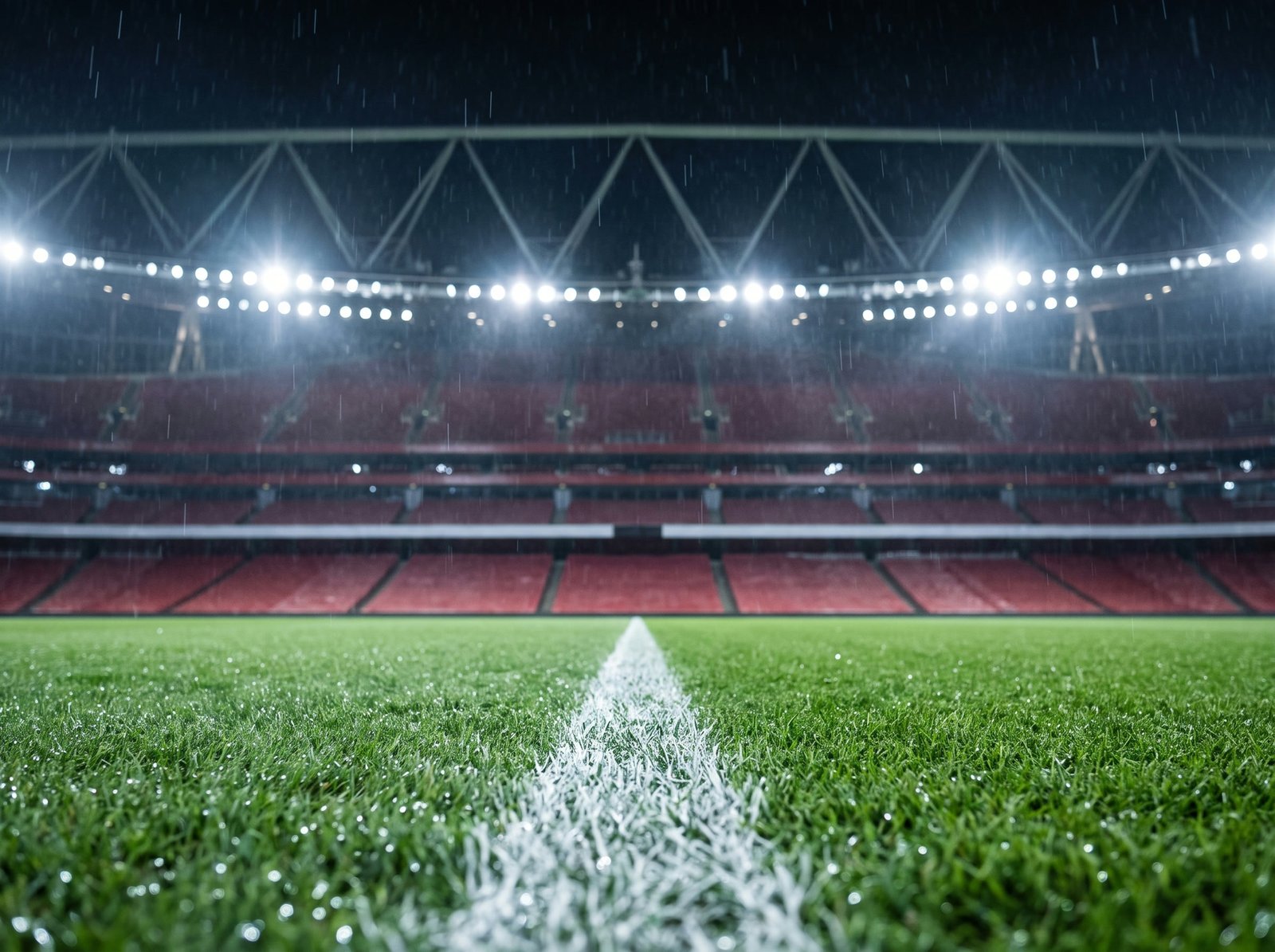 A low view across wet floodlit grass with a painted white pitch line running through it