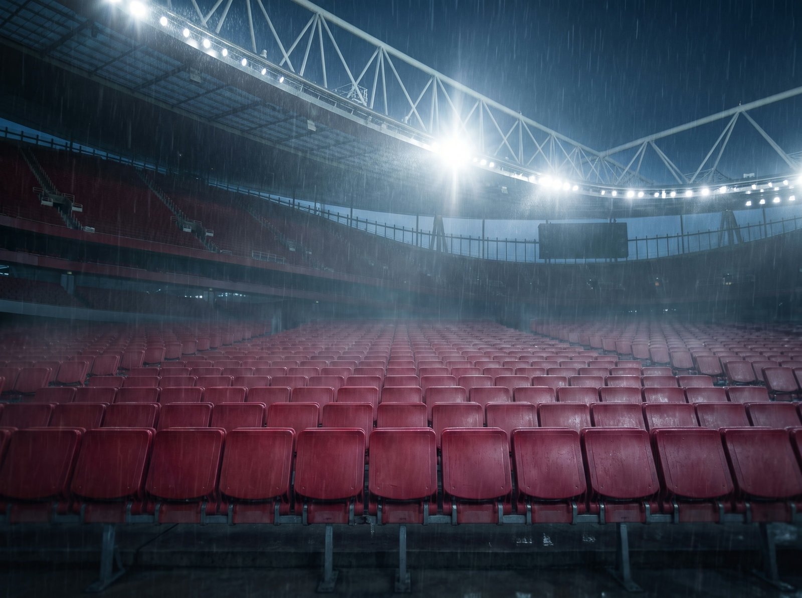 Empty red stadium seats in the rain under floodlight